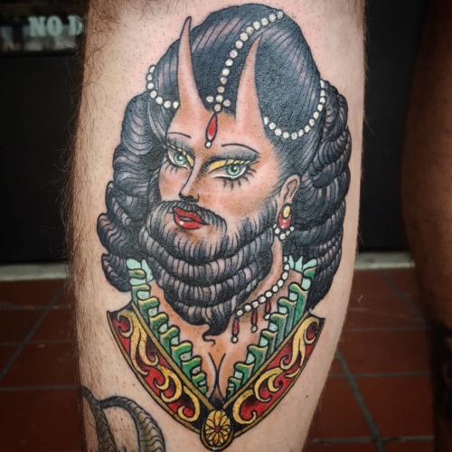 Cranked this horned bearded lady out late last night on Scott. Thanks for always bringing me awesome ideas! #beardedlady #beardedladytattoo