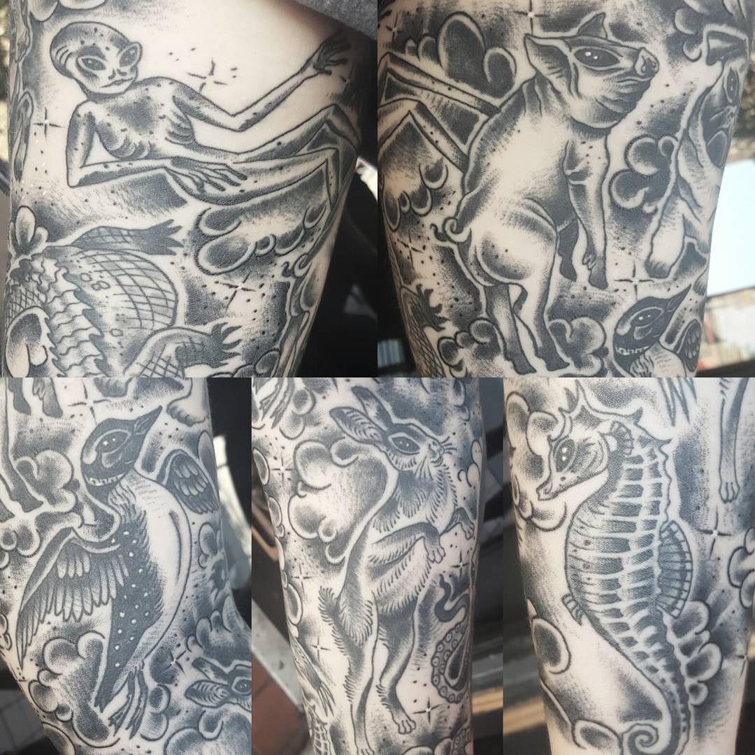 Close up of the creatures on Gab's sleeve