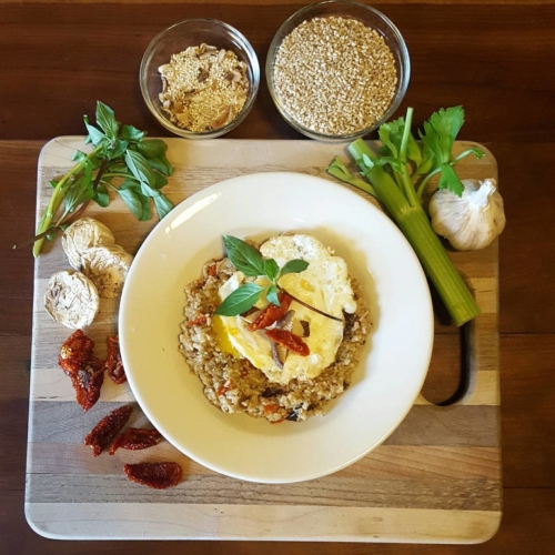 Fun fact: I LOVE to cook.
Todays lunch: Shitake & Sun-dried tomato Savory Oats. I made a broth with dried shitake mushrooms, sun dried tomatoes, basil, celery, garlic, onion and a dash of Bragg's liquid aminos, to cook the steel cut oats and quinoa in. Then through an egg on top! How's that @followyourfork ?