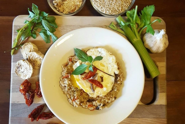 Fun fact: I LOVE to cook.
Todays lunch: Shitake & Sun-dried tomato Savory Oats. I made a broth with dried shitake mushrooms, sun dried tomatoes, basil, celery, garlic, onion and a dash of Bragg's liquid aminos, to cook the steel cut oats and quinoa in. Then through an egg on top! How's that @followyourfork ?