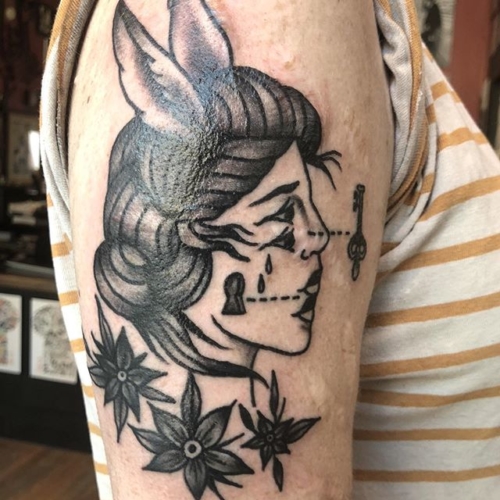 bunny lady for Mattison based on a drawing by her sister 🖤 thanks bestfriend! .
.
.
#tattoo #blackworktattoo #inkstinct #blackwork #blxckink #blackink #btattooing #blkttt #blackworkers #waverlyink #tttism #rochesterny #flashworkers #rochestertattoo #ladytattooer #tattoodo #workhorseirons #steadfast #onlythedarkest #foxtailtattoos #inkwork #linework #whipshaded #tradworkers #boldtattoo #blackworkartists #blackclawneedles