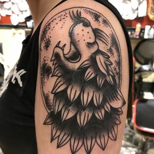 Wolf and moon for Kitty 🖤 thank you so much!!! .
.
.
.
#tattoo #blackworktattoo #inkstinct #blackwork #blxckink #blackink #btattooing #blkttt #blackworkers #waverlyink #tttism #rochesterny #flashworkers #rochestertattoo #ladytattooer #tattoodo #workhorseirons #steadfast #onlythedarkest #foxtailtattoos #inkwork #linework #whipshaded #tradworkers #boldtattoo #blackworkartists #blackclawneedles